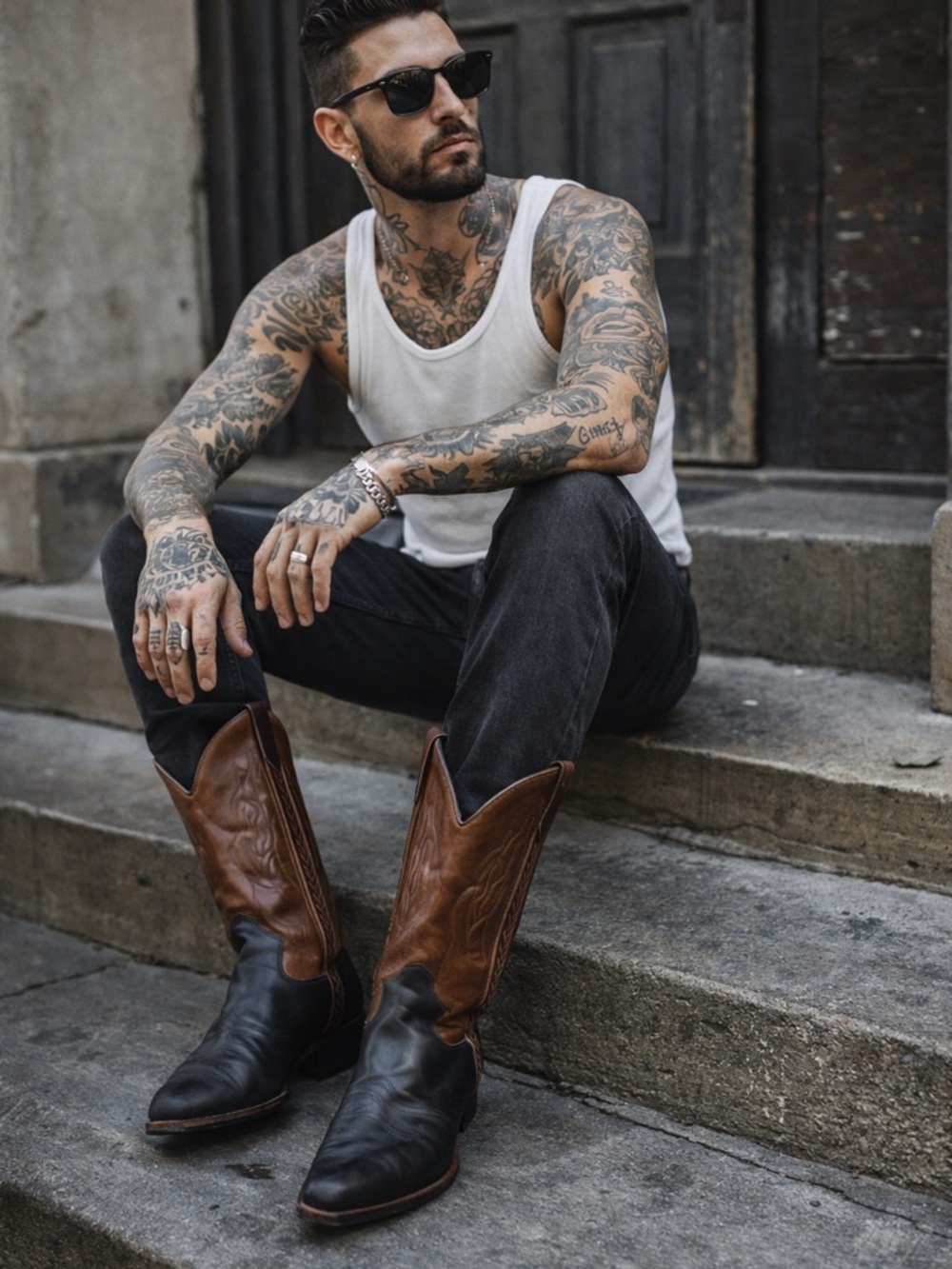 Men's Two-Tone Western Cowboy Boots - Brown & Black